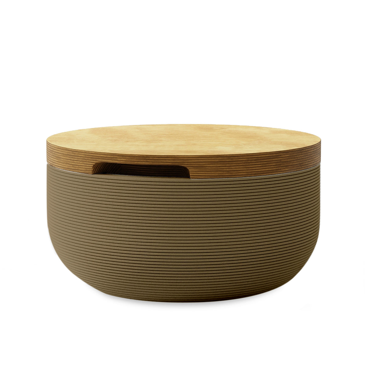 Faria Side Table/Stool - Savanna Clay-Europly - round side table with fine horizontal ribbed concrete base and smooth wood top, modern sculptural design