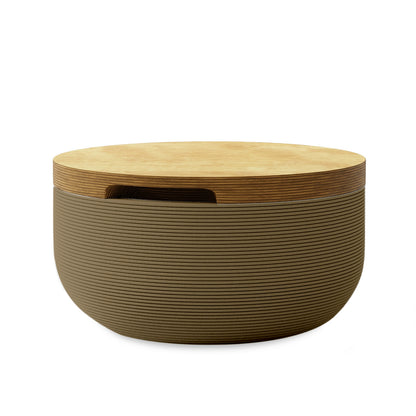 Faria Side Table/Stool - Savanna Clay-Europly - round side table with fine horizontal ribbed concrete base and smooth wood top, modern sculptural design
