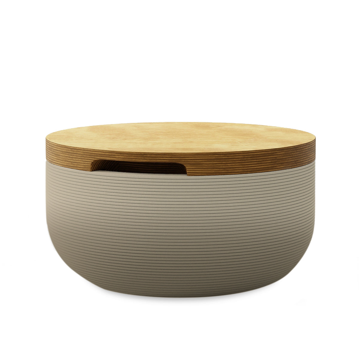 Faria Side Table/Stool - Savanna Clay OMB1-Europly - round side table with fine horizontal ribbed concrete base and smooth wood top, modern sculptural design