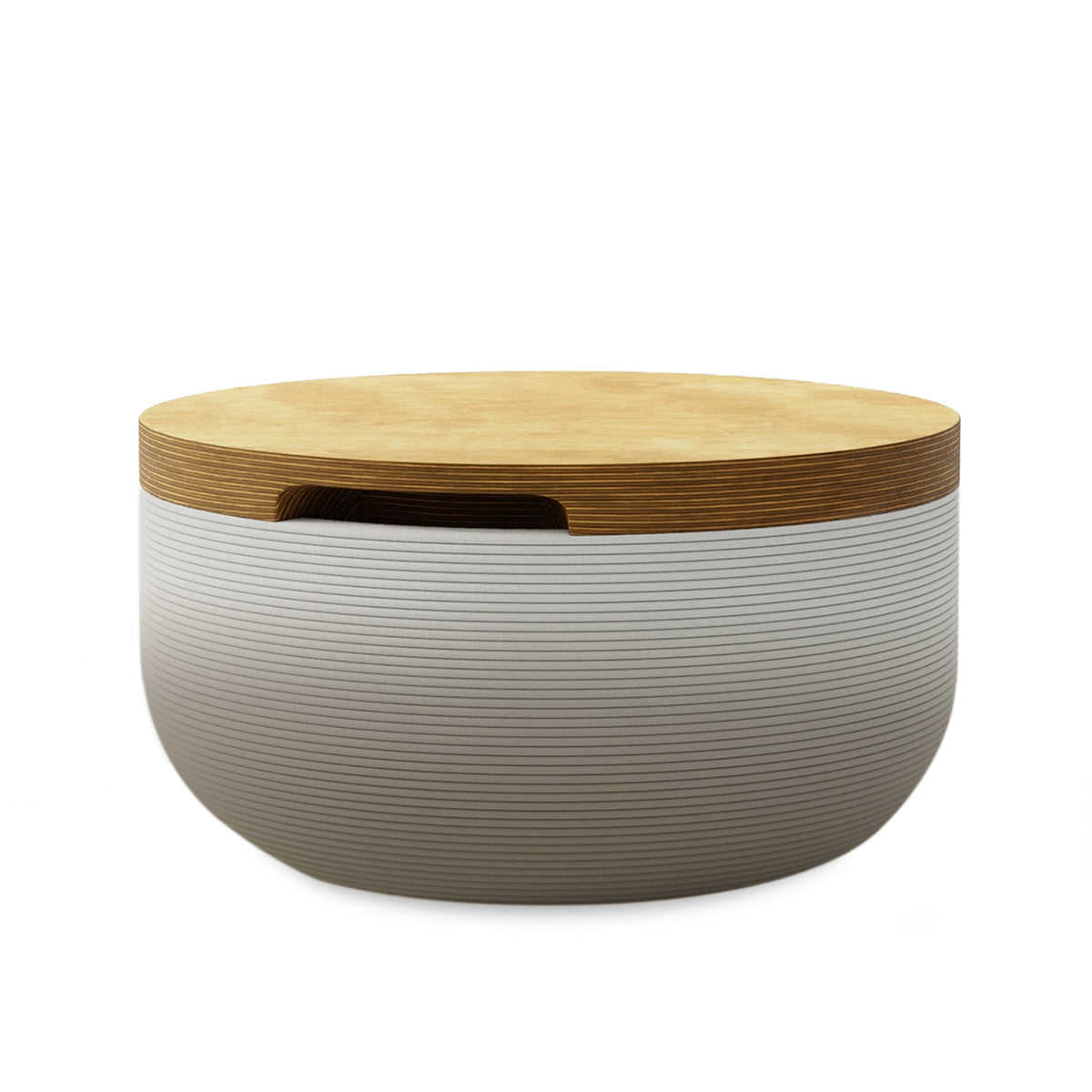 Faria Side Table/Stool - Savanna Clay OMB2-Europly - round side table with fine horizontal ribbed concrete base and smooth wood top, modern sculptural design