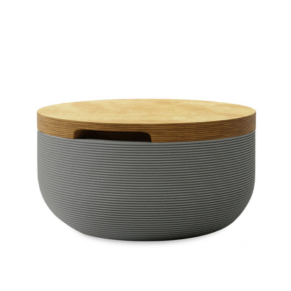 Faria Side Table/Stool - Silver Mist-Europly - round side table with fine horizontal ribbed concrete base and smooth wood top, modern sculptural design
