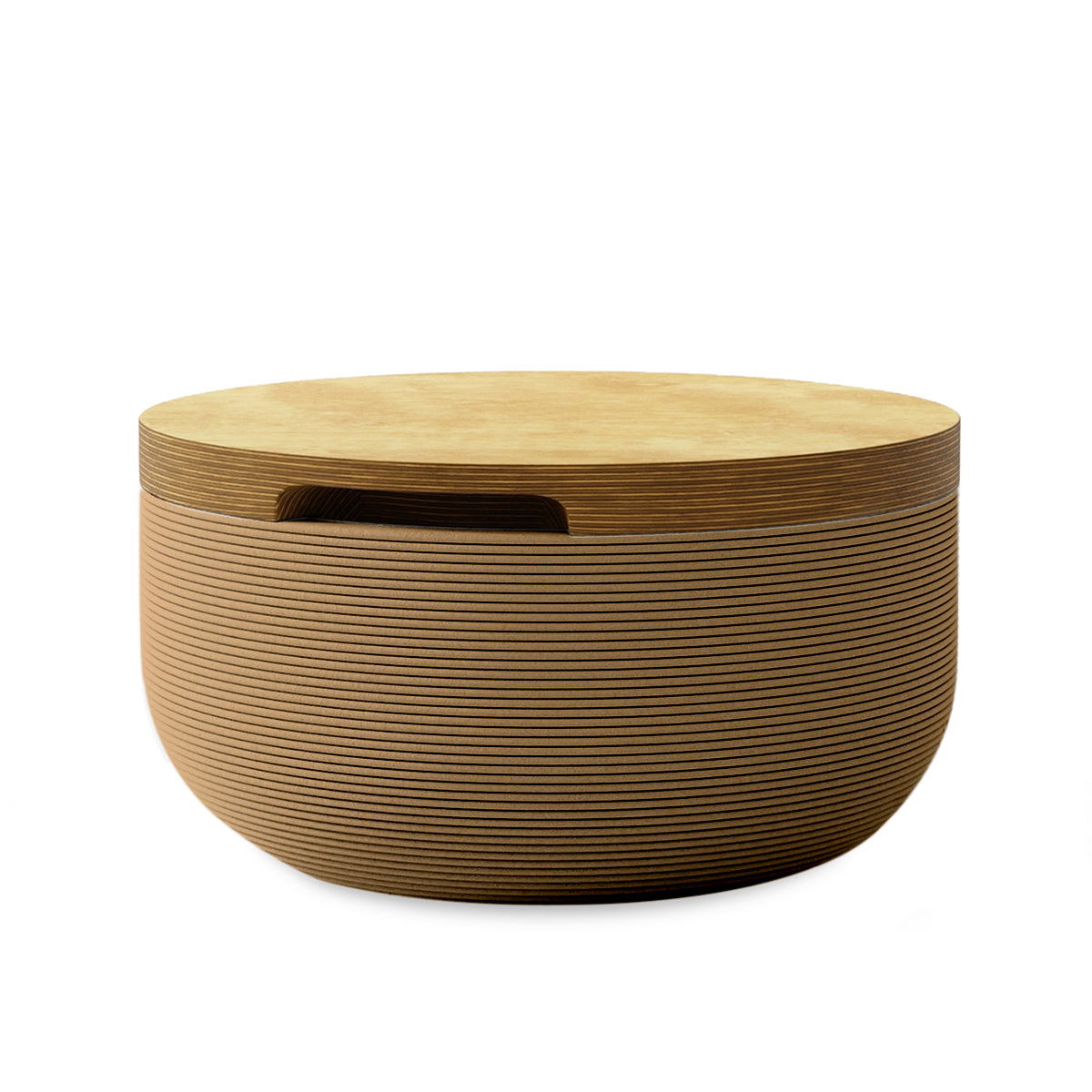 Faria Side Table/Stool - Toasted Almond-Europly - round side table with fine horizontal ribbed concrete base and smooth wood top, modern sculptural design