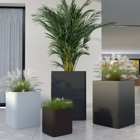 Montara X-Large Square Planter in Limestone Veil 3D-printed concrete with ribbed finish, modern GFRC design for indoor and outdoor architectural use