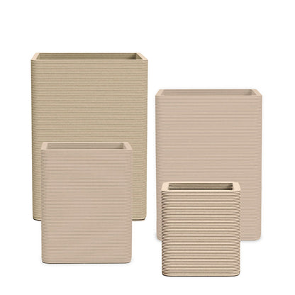 Montara Square Planter Set - Stacks - Desert Dawn - sculptural square planter set of four sizes with fine horizontal ribbed texture, 3D printed concrete, modern artistic design