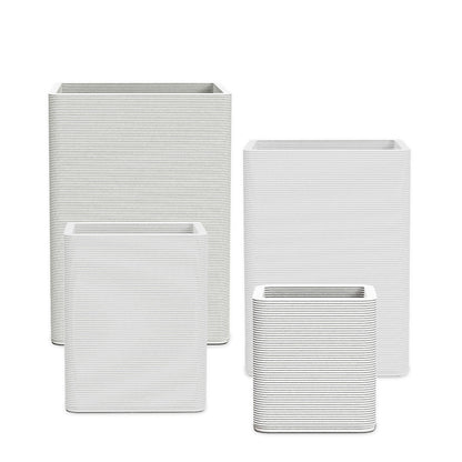 Montara Square Planter Set - Stacks - Glacial Mist - sculptural square planter set of four sizes with fine horizontal ribbed texture, 3D printed concrete, modern artistic design