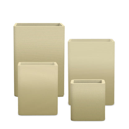 Montara Square Planter Set - Stacks - Golden Olive OMB1 - sculptural square planter set of four sizes with fine horizontal ribbed texture, 3D printed concrete, modern artistic design
