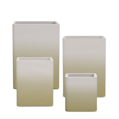 Montara Square Planter Set - Stacks - Golden Olive OMB2 - sculptural square planter set of four sizes with fine horizontal ribbed texture, 3D printed concrete, modern artistic design