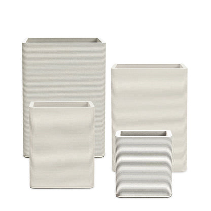 Montara Square Planter Set - Stacks - Limestone Veil - sculptural square planter set of four sizes with fine horizontal ribbed texture, 3D printed concrete, modern artistic design