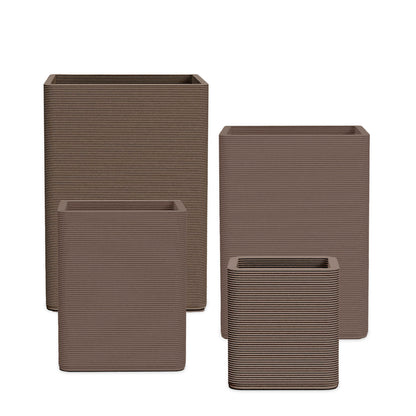 Montara Square Planter Set - Stacks - Riverbed Earth - sculptural square planter set of four sizes with fine horizontal ribbed texture, 3D printed concrete, modern artistic design