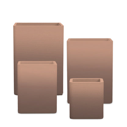 Montara Square Planter Set - Stacks - Riverbed Earth OMB1 - sculptural square planter set of four sizes with fine horizontal ribbed texture, 3D printed concrete, modern artistic design