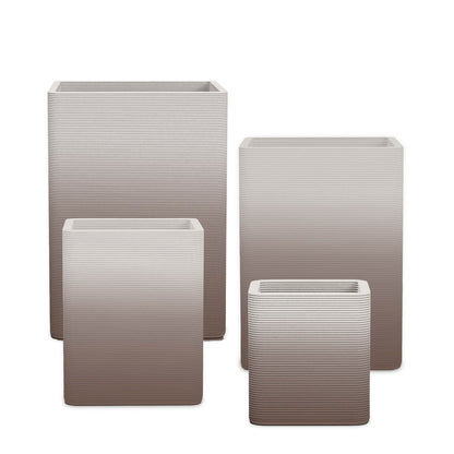 Montara Square Planter Set - Stacks - Riverbed Earth OMB2 - sculptural square planter set of four sizes with fine horizontal ribbed texture, 3D printed concrete, modern artistic design