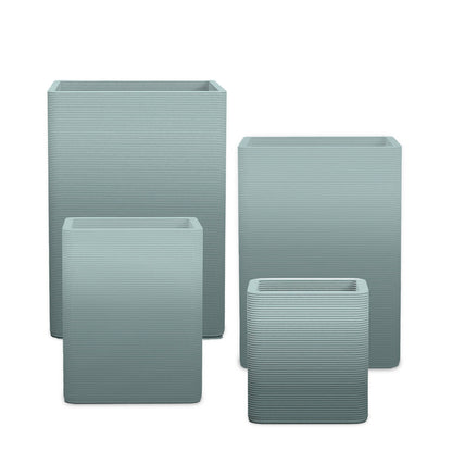 Montara Square Planter Set - Stacks - Seafoam Slate OMB1 - sculptural square planter set of four sizes with fine horizontal ribbed texture, 3D printed concrete, modern artistic design