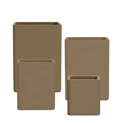 Montara Square Planter Set - Stacks - Savanna Clay - sculptural square planter set of four sizes with fine horizontal ribbed texture, 3D printed concrete, modern artistic design