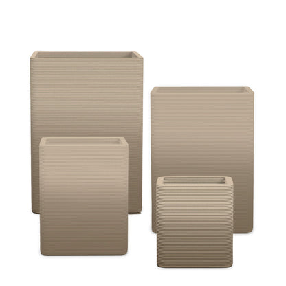 Montara Square Planter Set - Stacks - Savanna Clay OMB1 - sculptural square planter set of four sizes with fine horizontal ribbed texture, 3D printed concrete, modern artistic design
