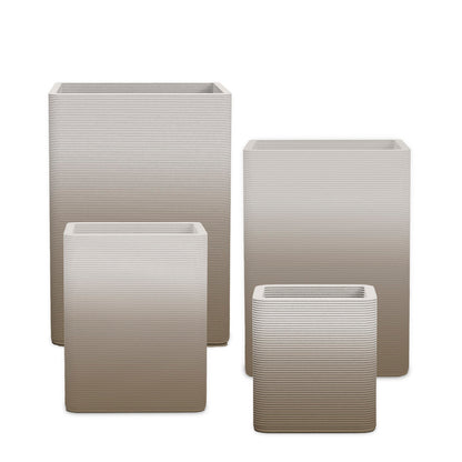 Montara Square Planter Set - Stacks - Savanna Clay OMB2 - sculptural square planter set of four sizes with fine horizontal ribbed texture, 3D printed concrete, modern artistic design