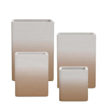 Montara Square Planter Set - Stacks - Toasted Almond OMB2 - sculptural square planter set of four sizes with fine horizontal ribbed texture, 3D printed concrete, modern artistic design