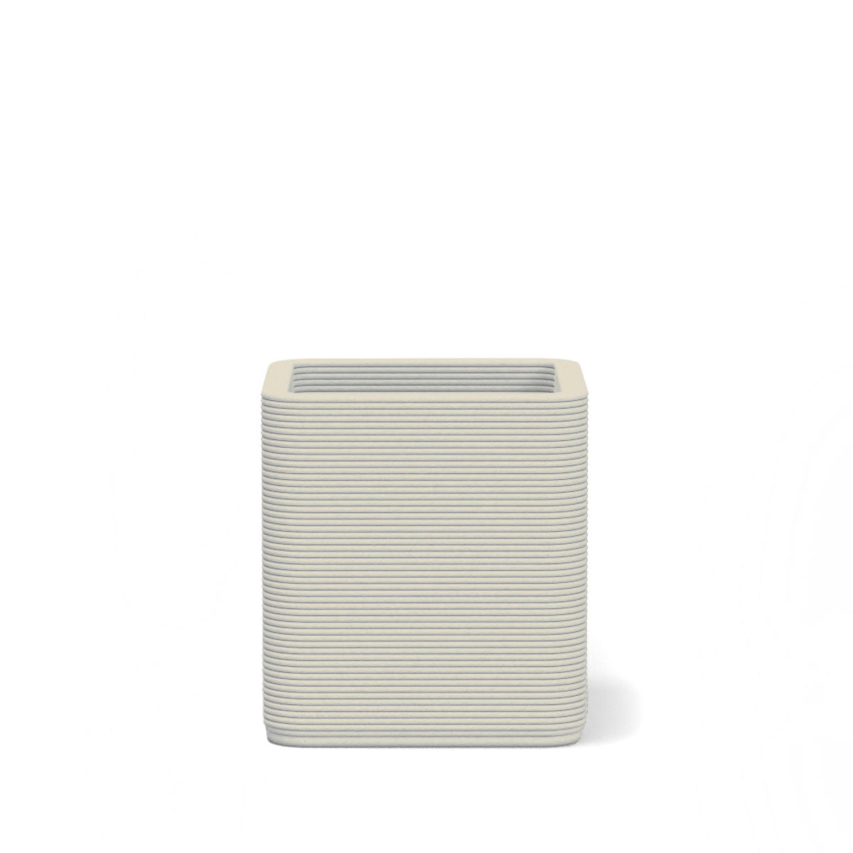 Montara Small Square Planter in Silver Mist 3D-printed concrete with ribbed finish, modern GFRC design for indoor and outdoor architectural use