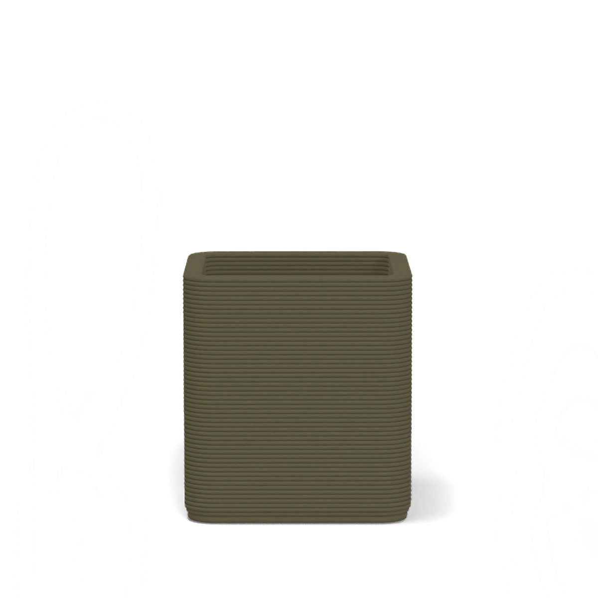 Montara Small Square Planter in Mossy Glen 3D-printed concrete with ribbed finish, modern GFRC design for indoor and outdoor architectural use