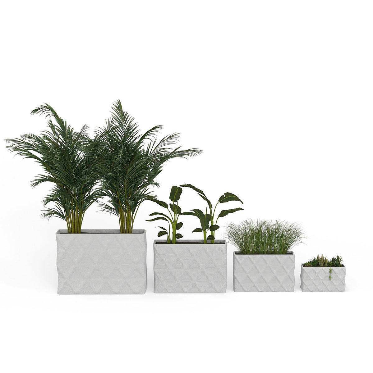 A group of Avila Rectangular Planters in 3D-printed concrete with ribbed texture, modern lightweight GFRC design for indoor or outdoor use