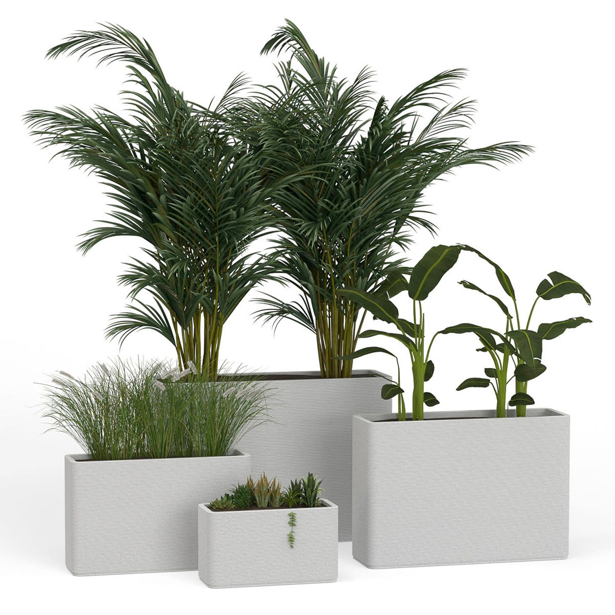 A group of Avila Rectangular Planters in 3D-printed concrete with ribbed texture, modern lightweight GFRC design for indoor or outdoor use