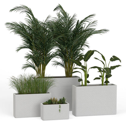 A group of Avila Rectangular Planters in 3D-printed concrete with ribbed texture, modern lightweight GFRC design for indoor or outdoor use