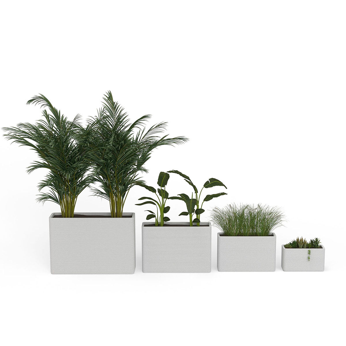 A group of Avila Rectangular Planters in Glacial Mist 3D-printed concrete with ribbed texture, modern lightweight GFRC design for indoor or outdoor use