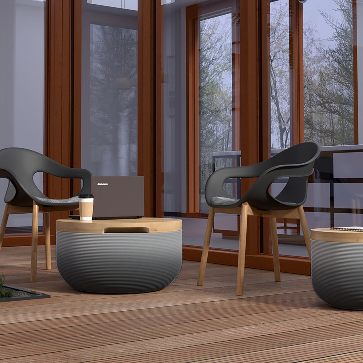 Faria Side Table/Stool - Obsidian Night OMB1-Europly - round side table with fine horizontal ribbed concrete base and smooth wood top, modern sculptural design