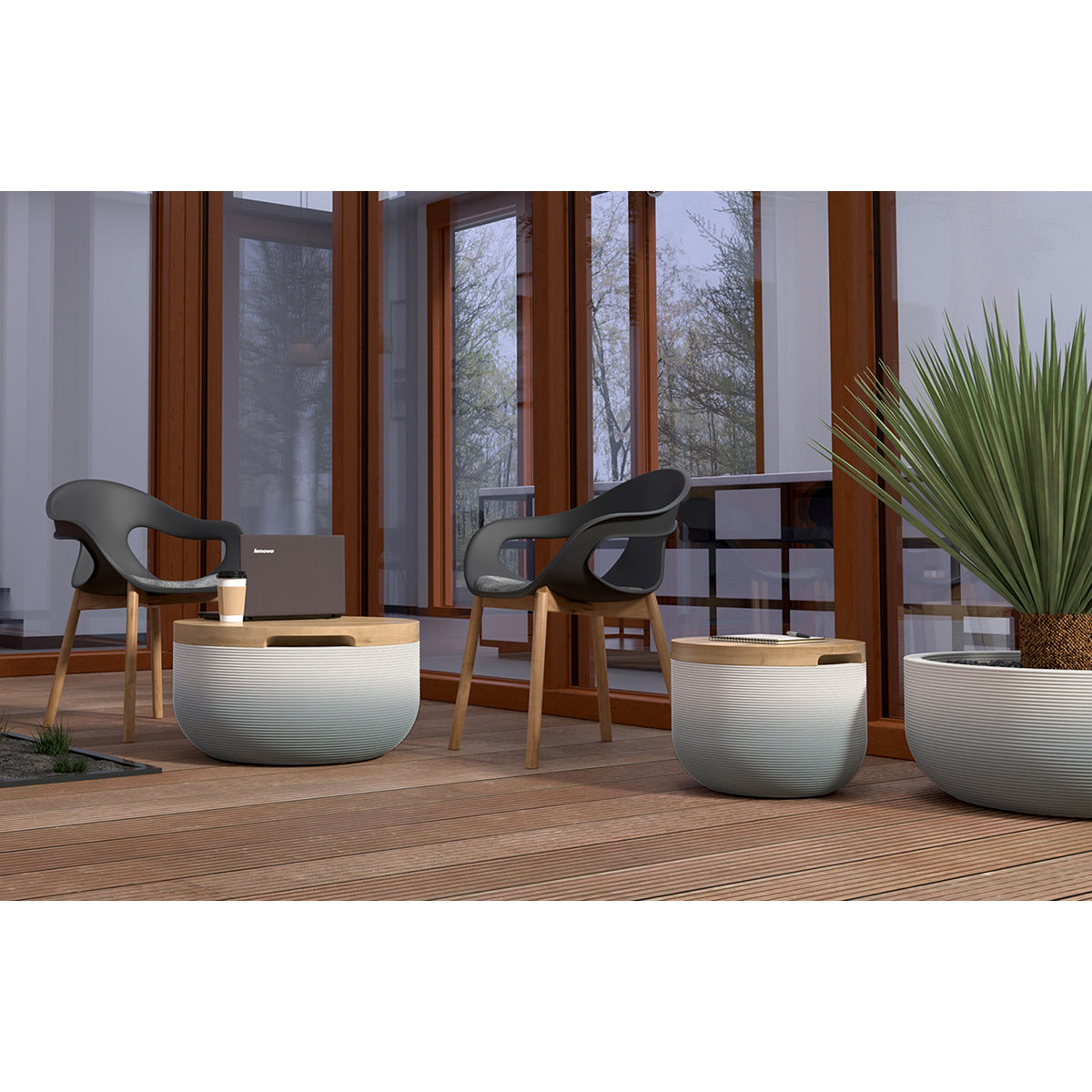 Faria Side Table/Stool - Seafoam Slate OMB2-Europly - round side table with fine horizontal ribbed concrete base and smooth wood top, modern sculptural design