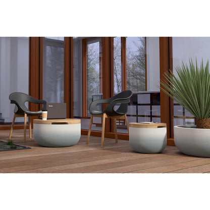 Bolina Side Table/Stool - Seafoam Slate OMB2-Europly - round side table with fine horizontal ribbed concrete base and smooth wood top, modern sculptural design