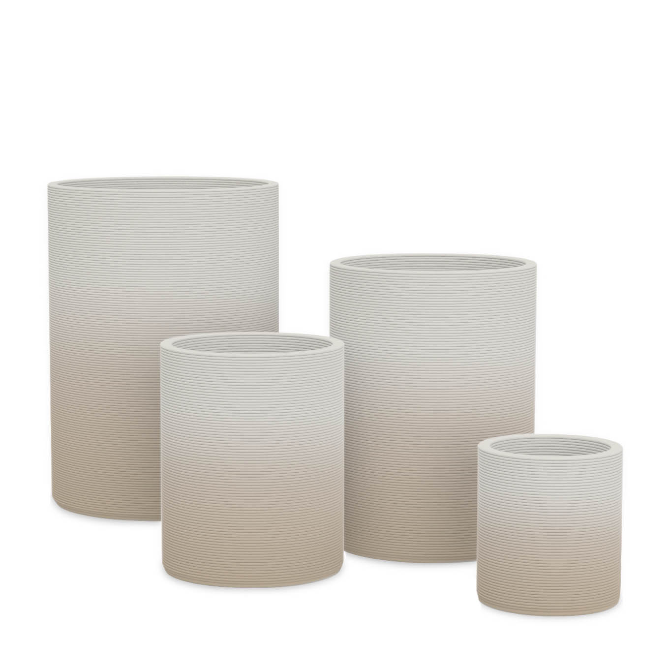 Solana Round Planter Set - Stacks - Desert Dawn OMB2 - cylindrical planter set of four with fine horizontal ribbed texture, 3D printed concrete, modern minimal design
