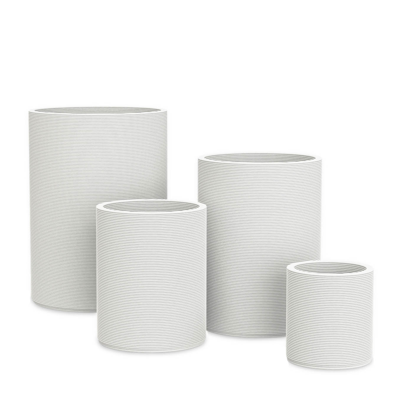 Solana Round Planter Set - Stacks - Glacial Mist - cylindrical planter set of four with fine horizontal ribbed texture, 3D printed concrete, modern minimal design