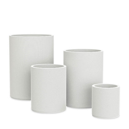 Solana Round Planter Set - Stacks - Glacial Mist - cylindrical planter set of four with fine horizontal ribbed texture, 3D printed concrete, modern minimal design