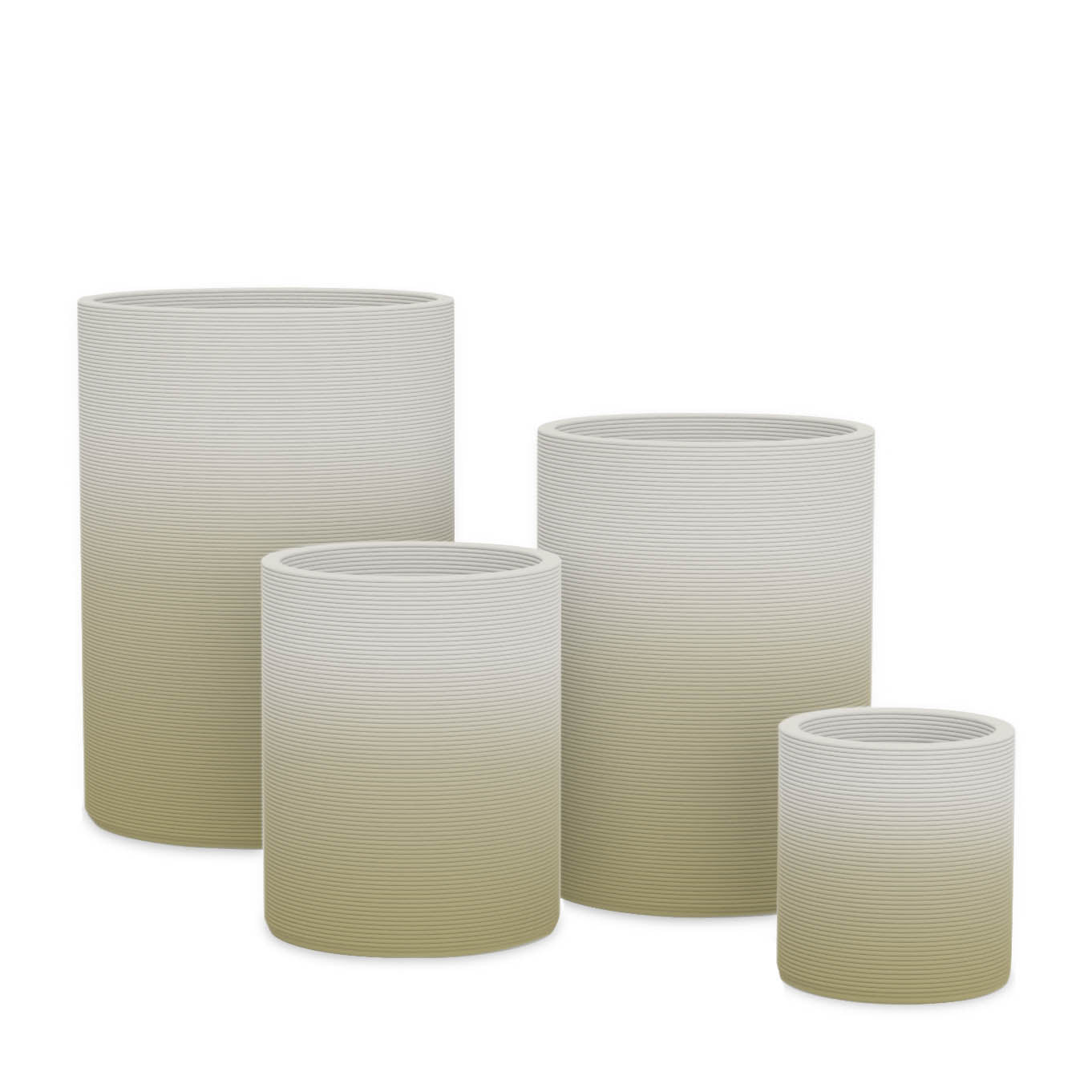 Solana Round Planter Set - Stacks - Golden Olive OMB2 - cylindrical planter set of four with fine horizontal ribbed texture, 3D printed concrete, modern minimal design