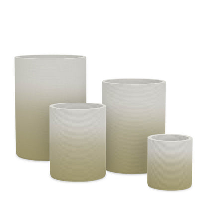 Solana Round Planter Set - Stacks - Golden Olive OMB2 - cylindrical planter set of four with fine horizontal ribbed texture, 3D printed concrete, modern minimal design