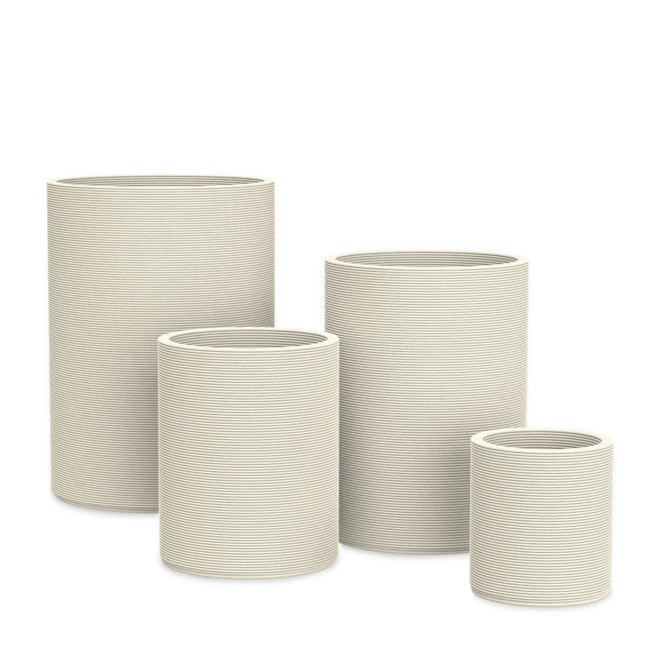 Solana Round Planter Set - Stacks - Limestone Veil - cylindrical planter set of four with fine horizontal ribbed texture, 3D printed concrete, modern minimal design