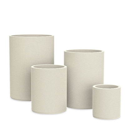 Solana Round Planter Set - Stacks - Limestone Veil - cylindrical planter set of four with fine horizontal ribbed texture, 3D printed concrete, modern minimal design