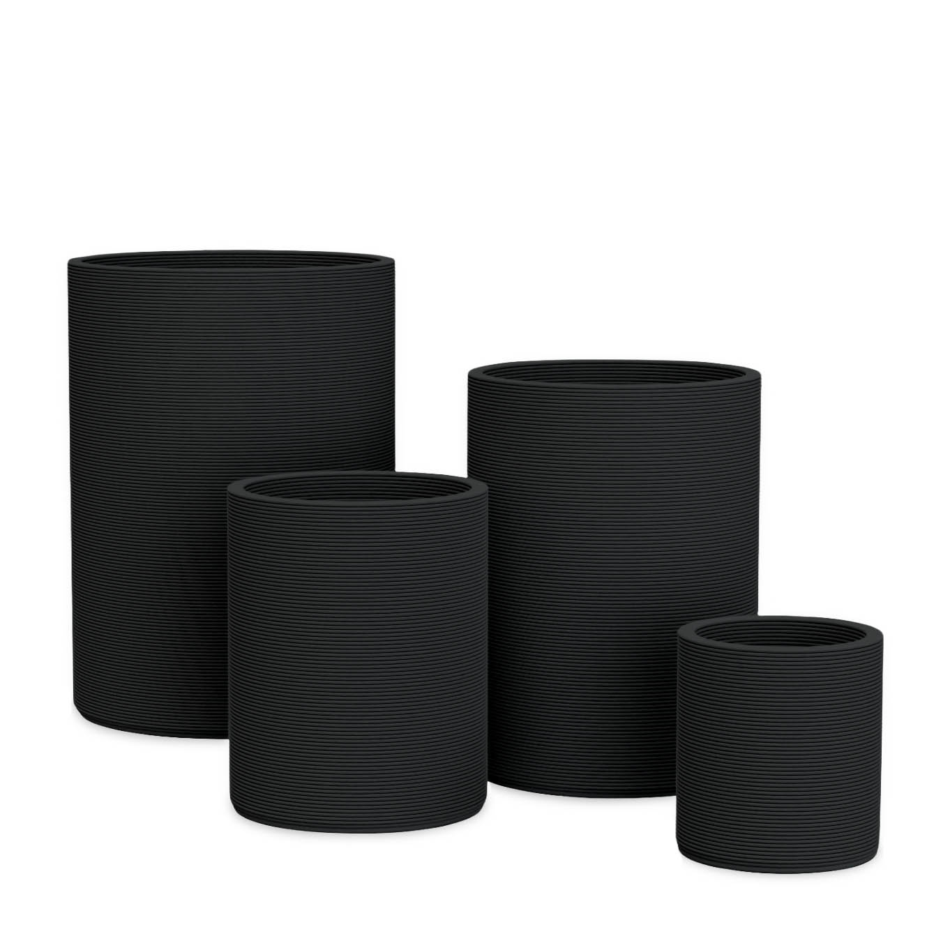 Solana Round Planter Set - Stacks - Obsidian Night - cylindrical planter set of four with fine horizontal ribbed texture, 3D printed concrete, modern minimal design