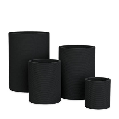 Solana Round Planter Set - Stacks - Obsidian Night - cylindrical planter set of four with fine horizontal ribbed texture, 3D printed concrete, modern minimal design