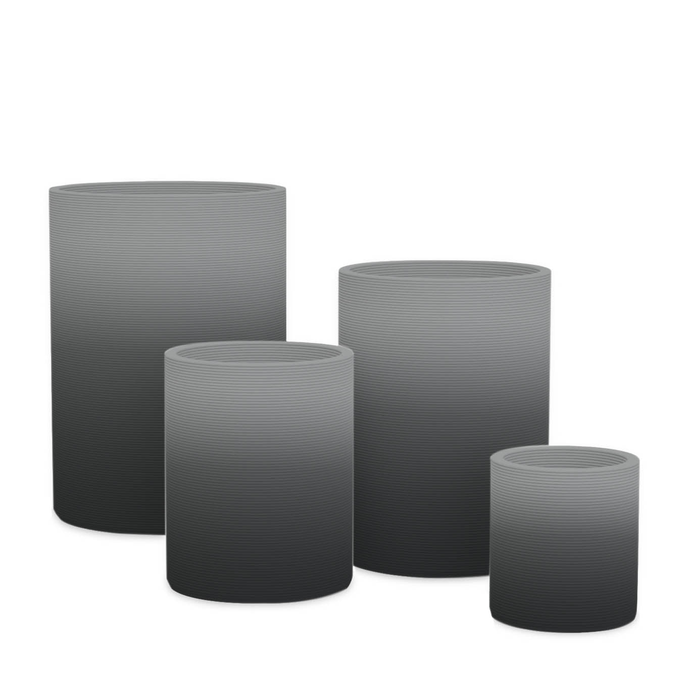 Solana Round Planter Set - Stacks - Obsidian Night OMB1 - cylindrical planter set of four with fine horizontal ribbed texture, 3D printed concrete, modern minimal design