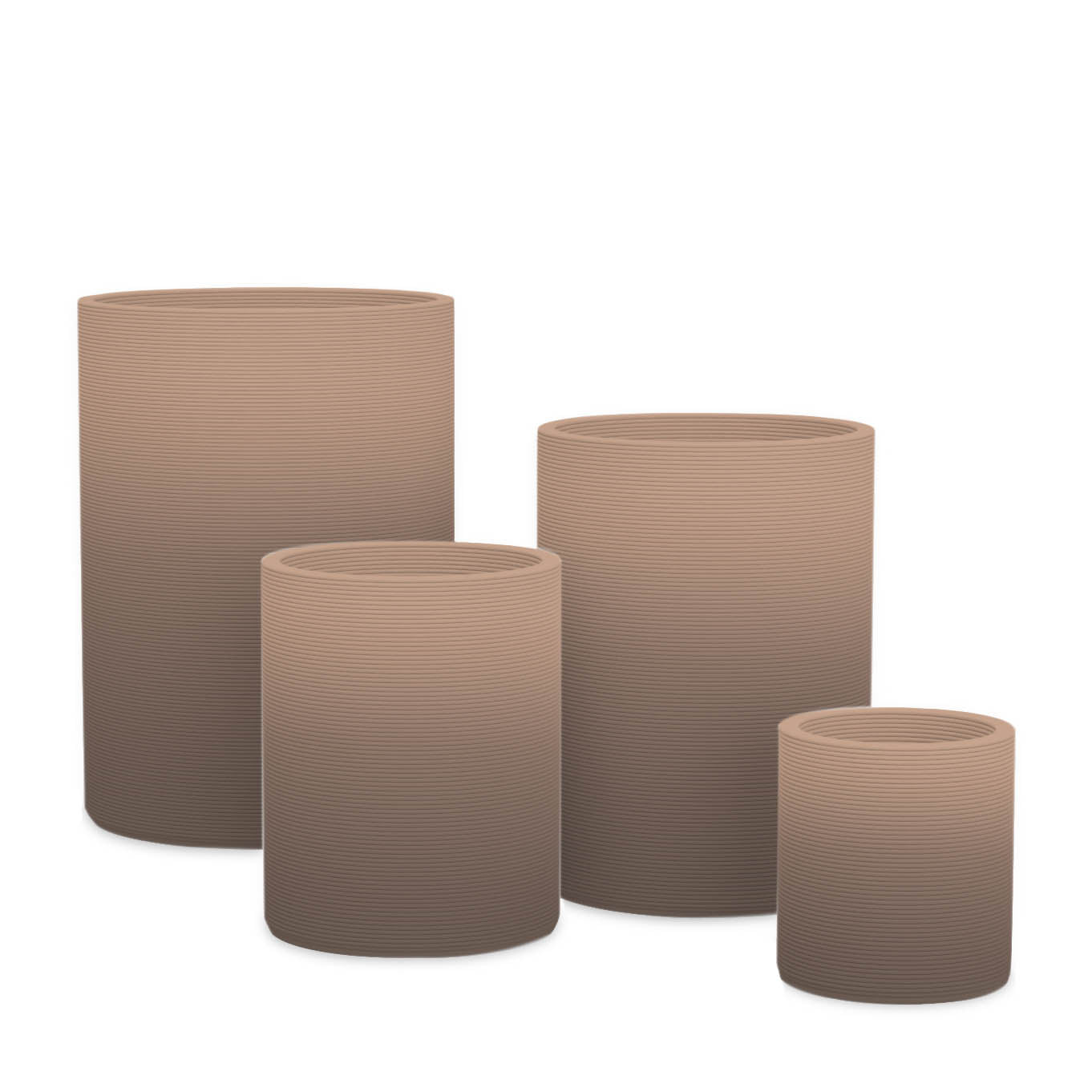 Solana Round Planter Set - Stacks - Riverbed Earth OMB1 - cylindrical planter set of four with fine horizontal ribbed texture, 3D printed concrete, modern minimal design