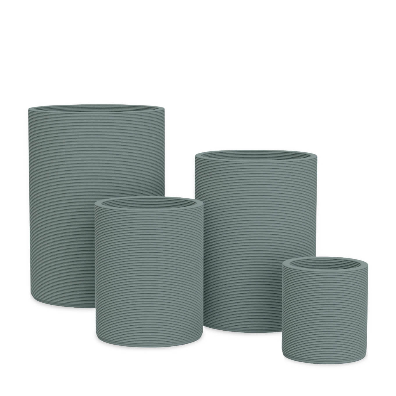 Solana Round Planter Set - Stacks - Seafoam Slate - cylindrical planter set of four with fine horizontal ribbed texture, 3D printed concrete, modern minimal design
