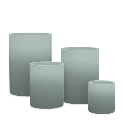 Solana Round Planter Set - Stacks - Seafoam Slate OMB1 - cylindrical planter set of four with fine horizontal ribbed texture, 3D printed concrete, modern minimal design