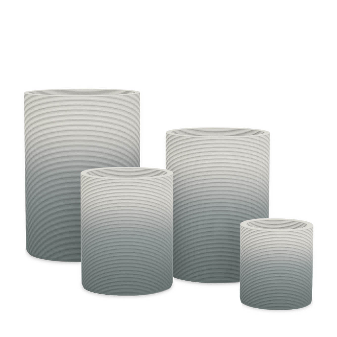 Solana Round Planter Set - Stacks - Seafoam Slate OMB2 - cylindrical planter set of four with fine horizontal ribbed texture, 3D printed concrete, modern minimal design