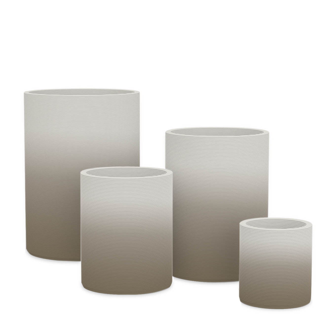 Solana Round Planter Set - Stacks - Savanna Clay OMB2 - cylindrical planter set of four with fine horizontal ribbed texture, 3D printed concrete, modern minimal design