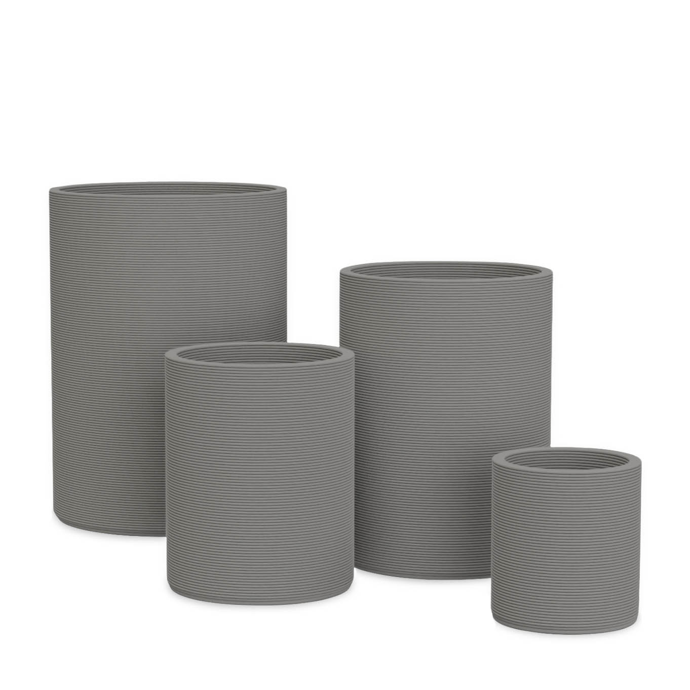 Solana Round Planter Set - Stacks - Silver Mist - cylindrical planter set of four with fine horizontal ribbed texture, 3D printed concrete, modern minimal design