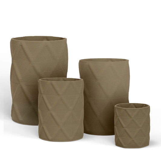 Solana Round Concrete Planter Set in Savanna Clay finish, made from lightweight GFRC with a 3D-printed diamond texture, ideal for indoor or outdoor architectural use.