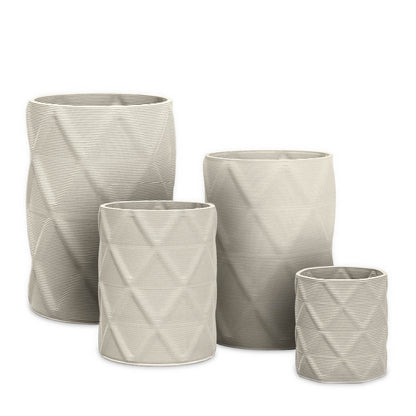 Solana Round Planter Set - Diamond 1 - Limestone Veil - sculptural round planter set of four with faceted diamond relief texture, 3D printed concrete, modern artistic design