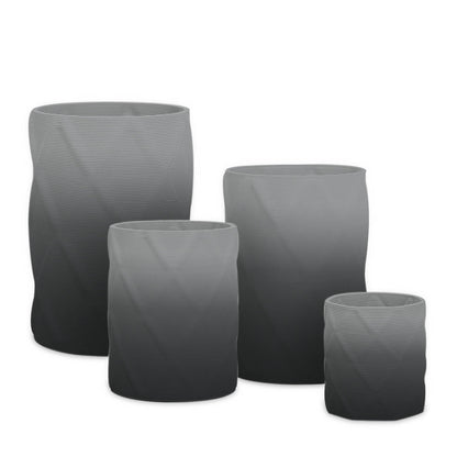 Solana Round Planter Set - Diamond 1 - Obsidian Night OMB1 - sculptural round planter set of four with faceted diamond relief texture, 3D printed concrete, modern artistic design