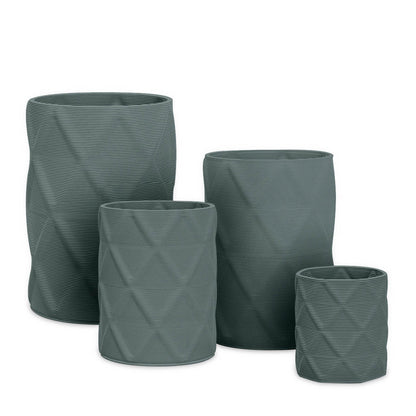 Solana Round Planter Set - Diamond 1 - Seafoam Slate - sculptural round planter set of four with faceted diamond relief texture, 3D printed concrete, modern artistic design
