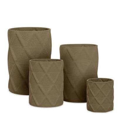 Solana Round Planter Set - Diamond 1 - Savanna Clay - sculptural round planter set of four with faceted diamond relief texture, 3D printed concrete, modern artistic design